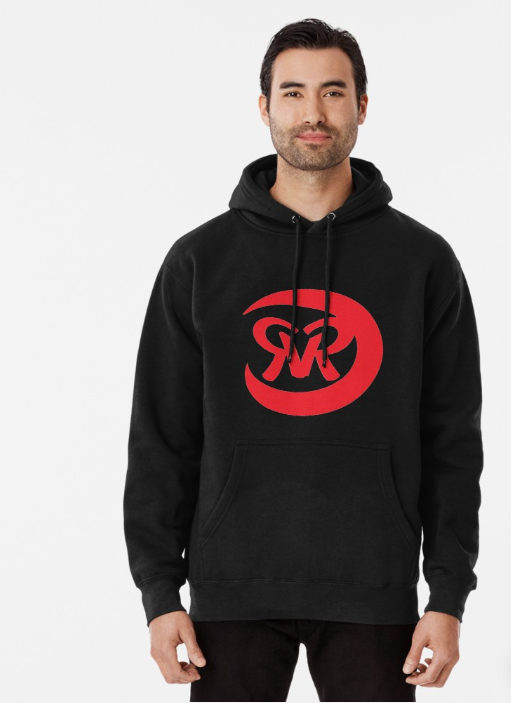 A pullover black hoodie with a Red Robin logo on it. The logo is red and has two R's back to back. An almost full circle surrounds the two R's.